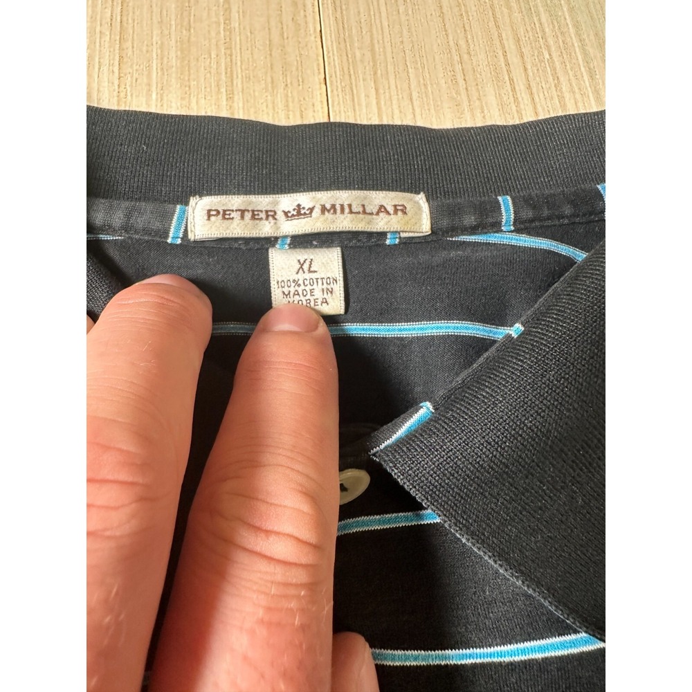 Peter Millar Polo Shirt Mens XL Black Blue Striped Baltusrol Logo Golf‎ Pullover - Picture 4 of 6